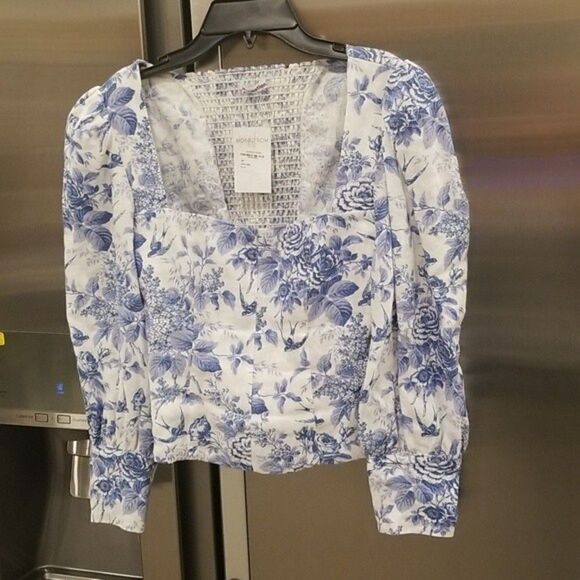 💕REFORMATION💕 Stilton Linen Top  Pompadour Blue White Floral Bird Print 2 NWT - Picture 5 of 13